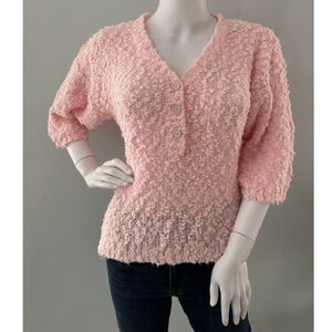 80s Vintage Baby Pink Short Sleeve Textured Popcorn Knit Sweater Top size M
